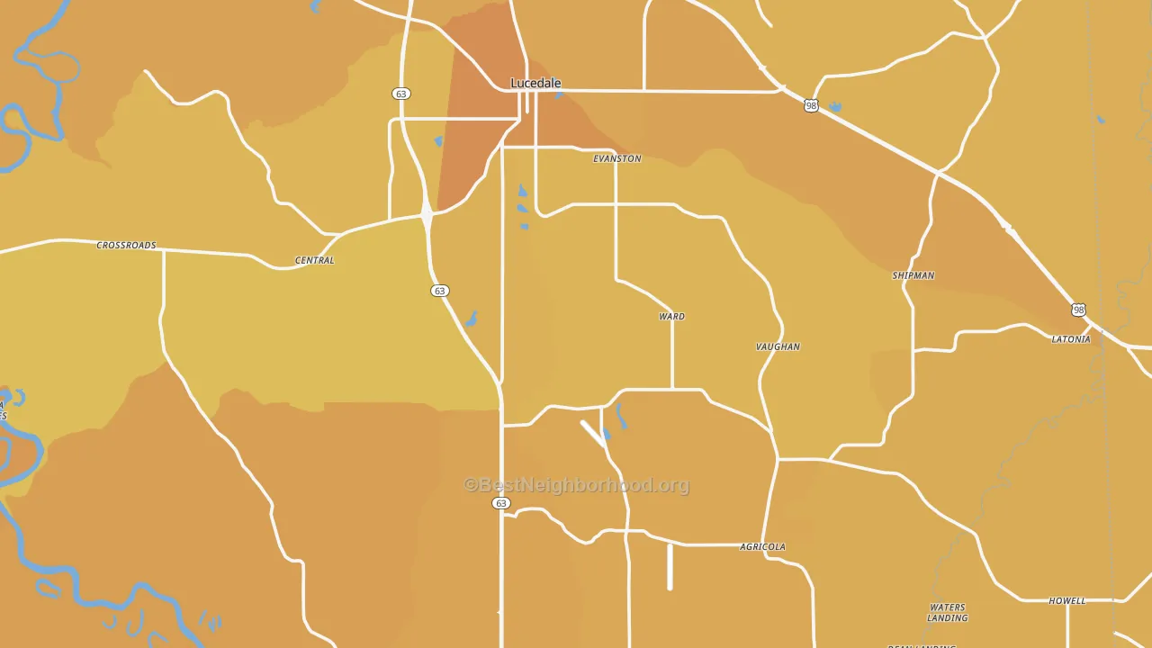 Map of the best neighborhoods in the 39452 area, with better matches in green and worse matches in red