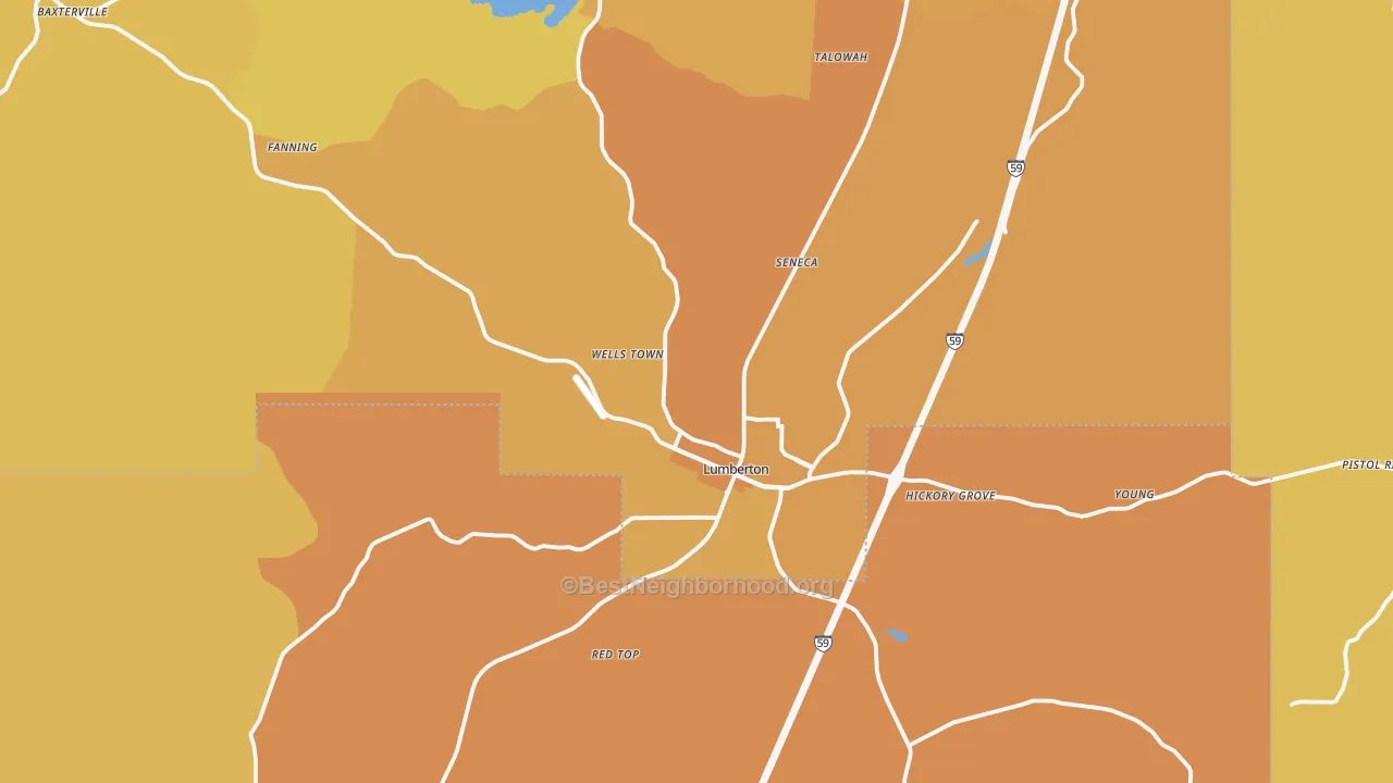 Map of the best neighborhoods in the 39455 area, with better matches in green and worse matches in red