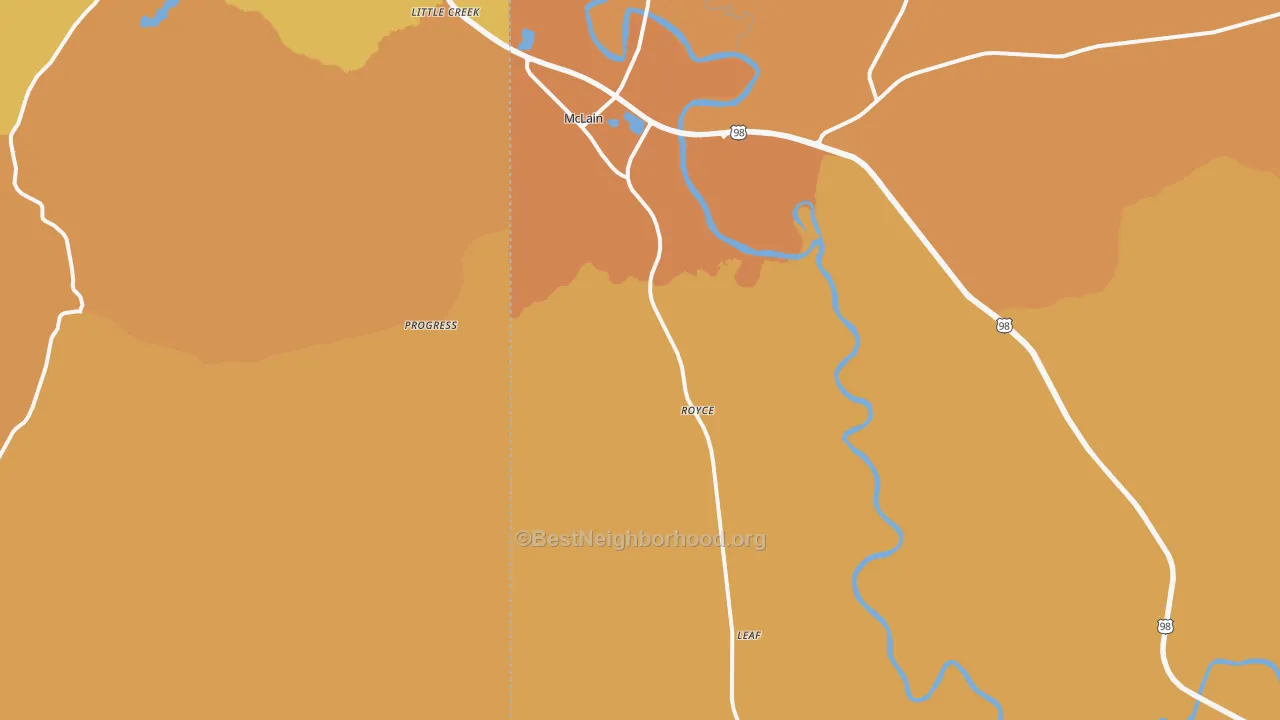 Map of the best neighborhoods in the 39456 area, with better matches in green and worse matches in red
