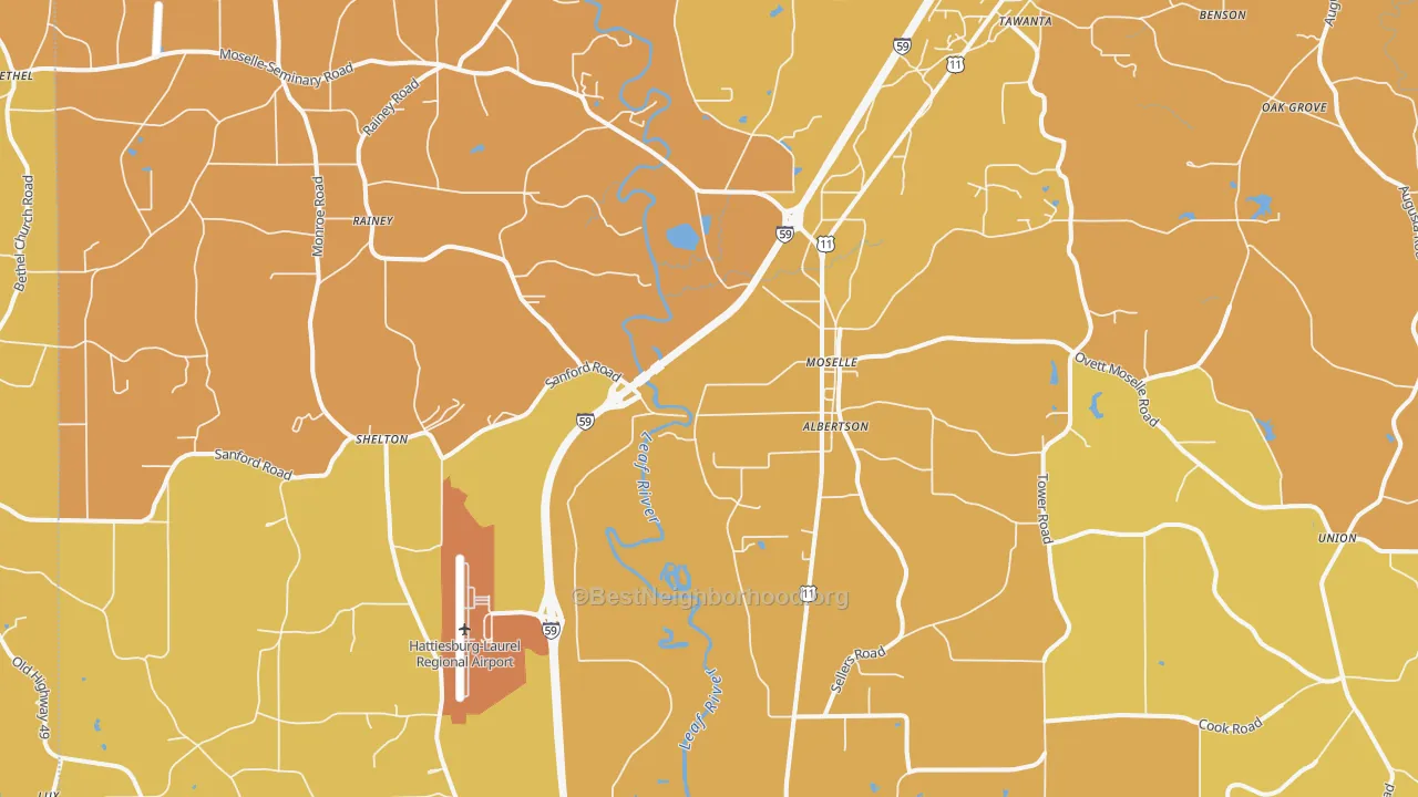 Map of the best neighborhoods in the 39459 area, with better matches in green and worse matches in red