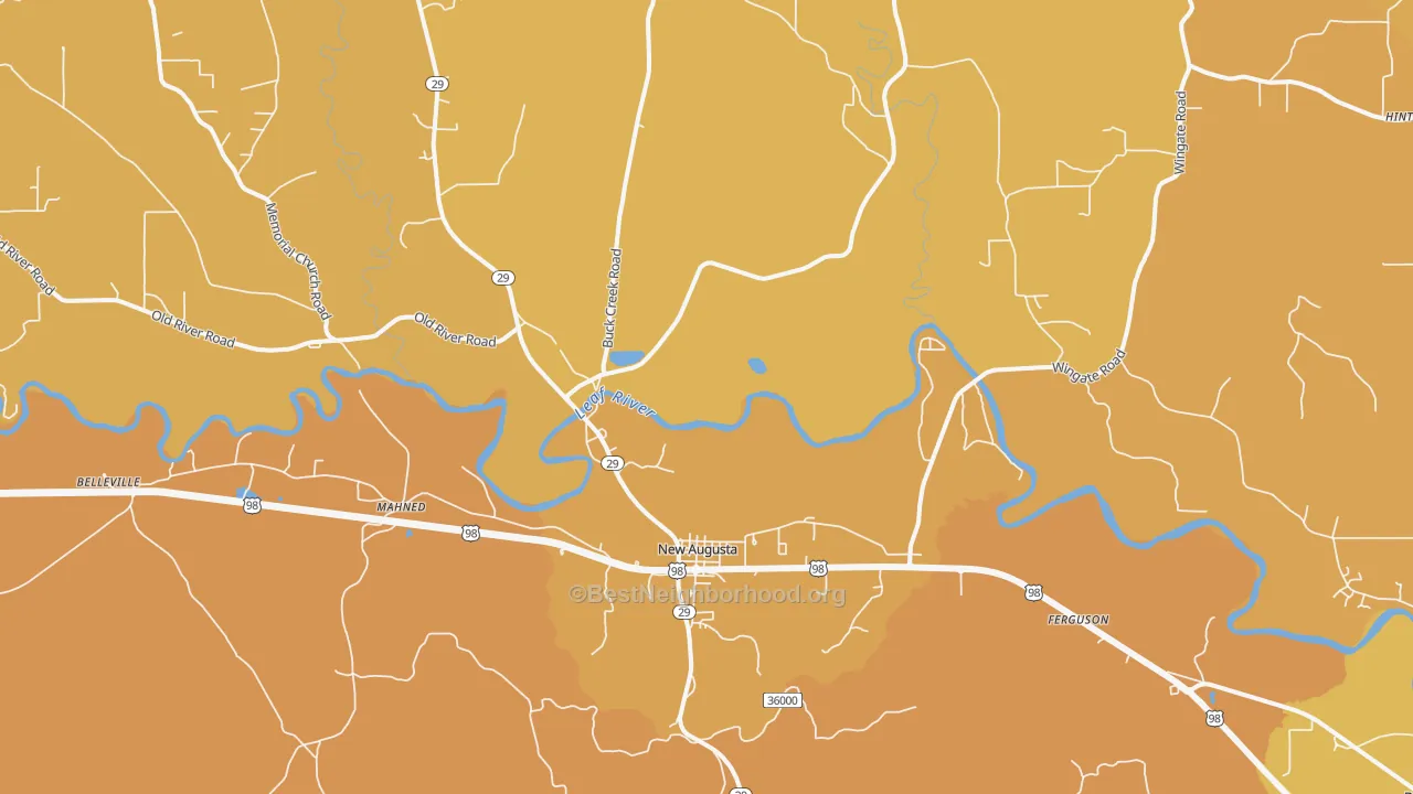 Map of the best neighborhoods in the 39462 area, with better matches in green and worse matches in red