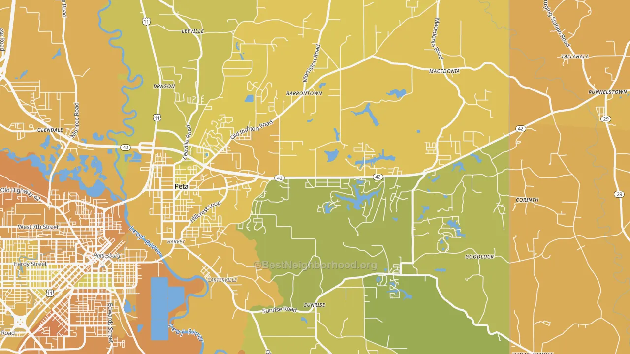 Map of the best neighborhoods in the 39465 area, with better matches in green and worse matches in red