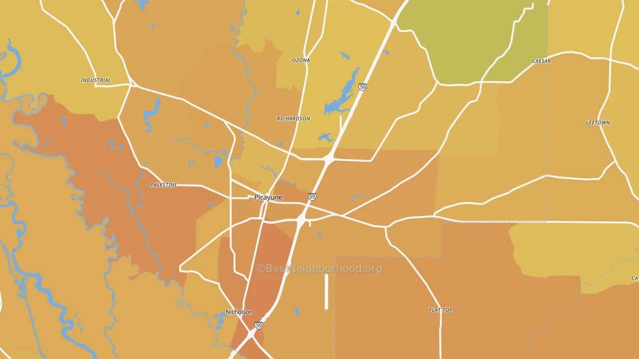 Map of the best neighborhoods in the 39466 area, with better matches in green and worse matches in red
