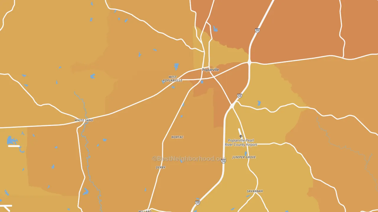 Map of the best neighborhoods in the 39470 area, with better matches in green and worse matches in red