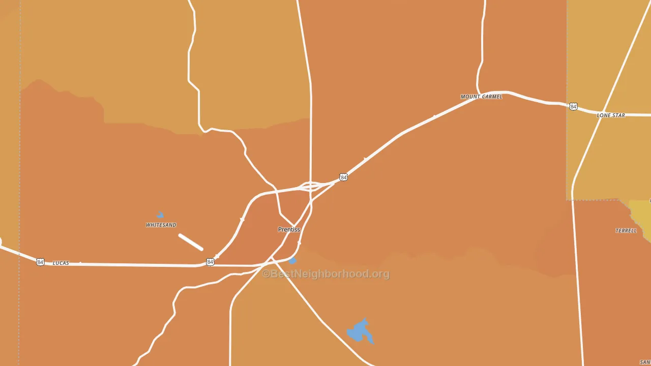 Map of the best neighborhoods in the 39474 area, with better matches in green and worse matches in red