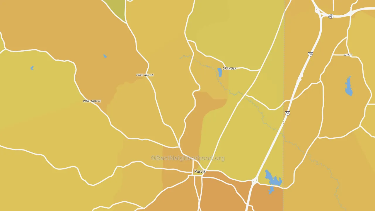Map of the best neighborhoods in the 39475 area, with better matches in green and worse matches in red