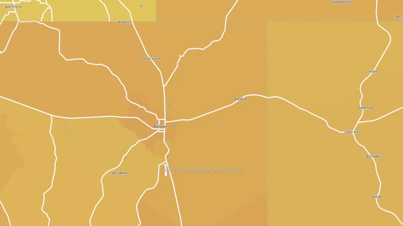 Map of the best neighborhoods in the 39476 area, with better matches in green and worse matches in red