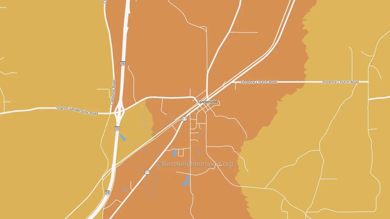 Map of the best neighborhoods in the 39477 area, with better matches in green and worse matches in red