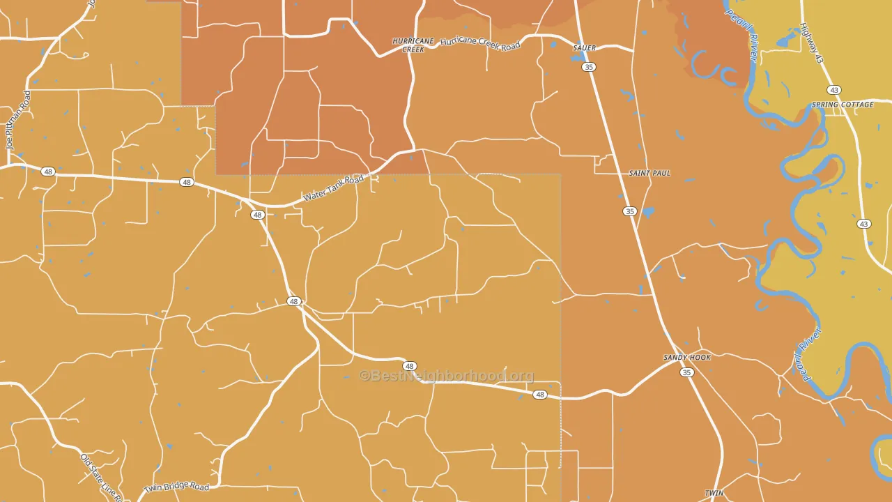Map of the best neighborhoods in the 39478 area, with better matches in green and worse matches in red