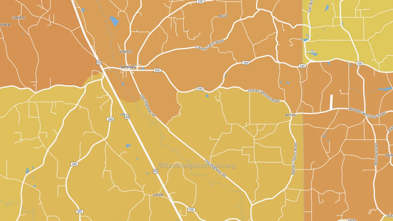 Map of the best neighborhoods in the 39479 area, with better matches in green and worse matches in red