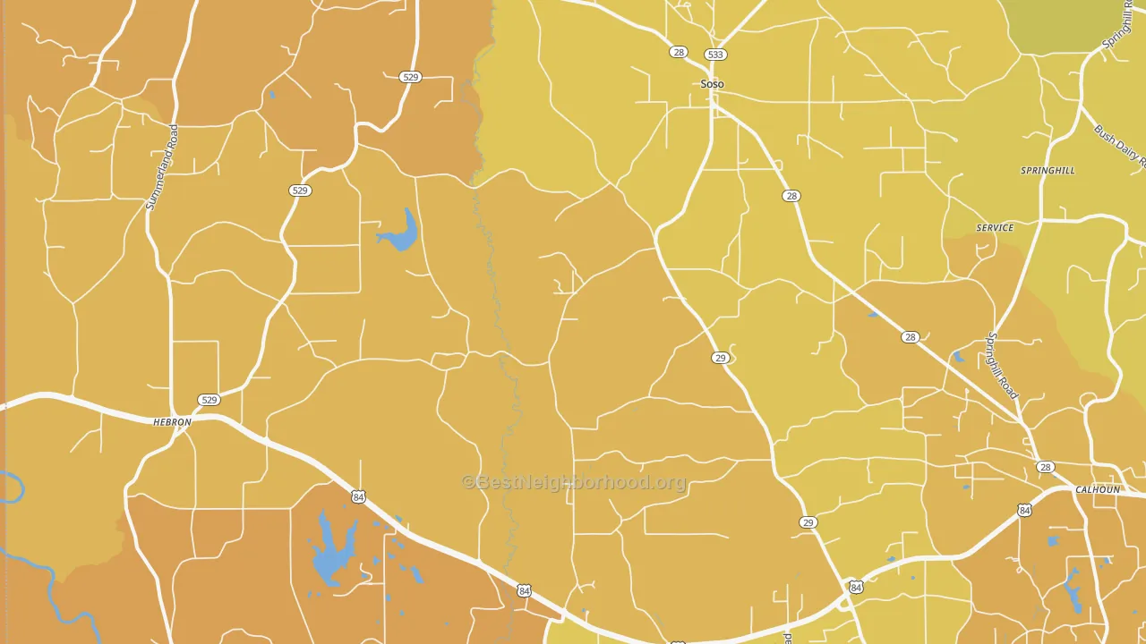 Map of the best neighborhoods in the 39480 area, with better matches in green and worse matches in red