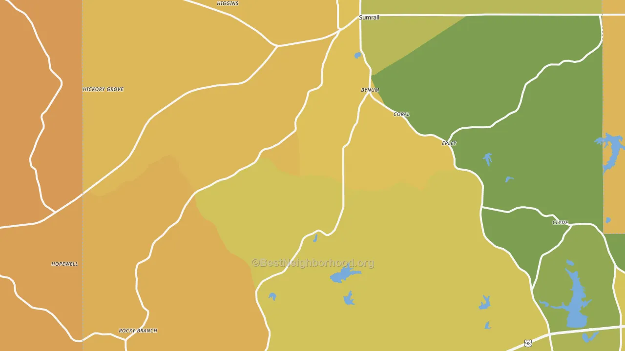 Map of the best neighborhoods in the 39482 area, with better matches in green and worse matches in red