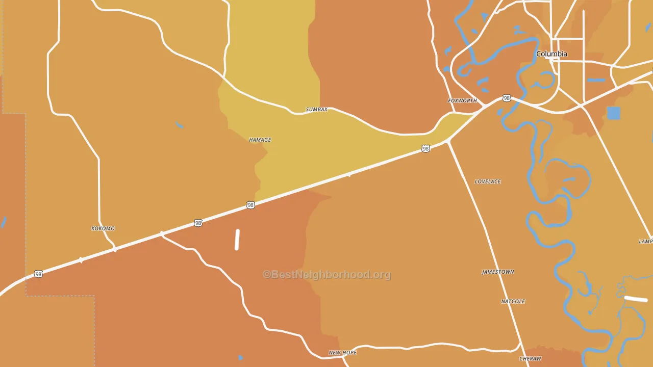 Map of the best neighborhoods in the 39483 area, with better matches in green and worse matches in red