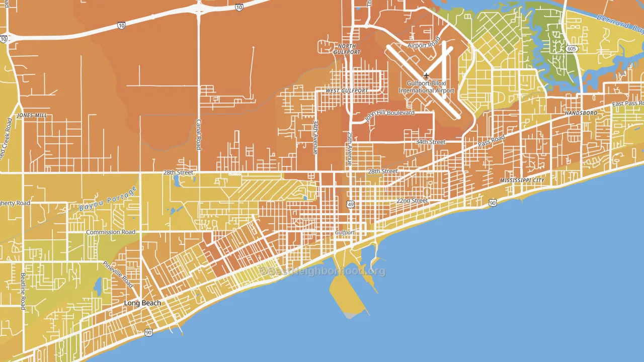 Map of the best neighborhoods in the 39501 area, with better matches in green and worse matches in red