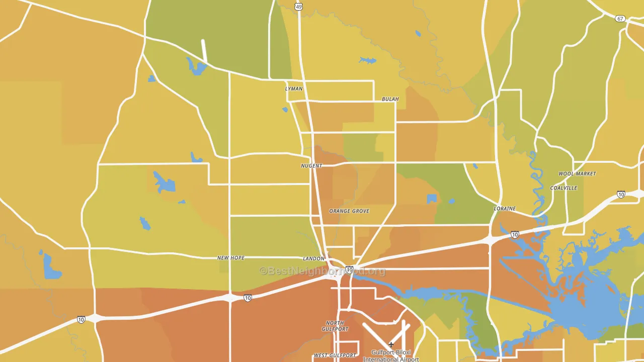 Map of the best neighborhoods in the 39503 area, with better matches in green and worse matches in red