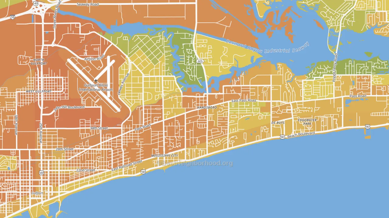 Map of the best neighborhoods in the 39507 area, with better matches in green and worse matches in red