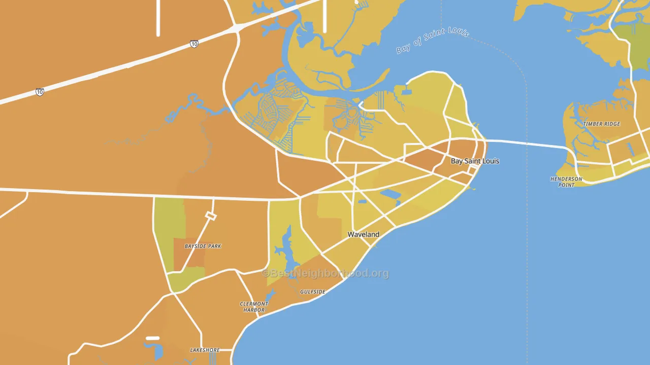 Map of the best neighborhoods in the 39520 area, with better matches in green and worse matches in red