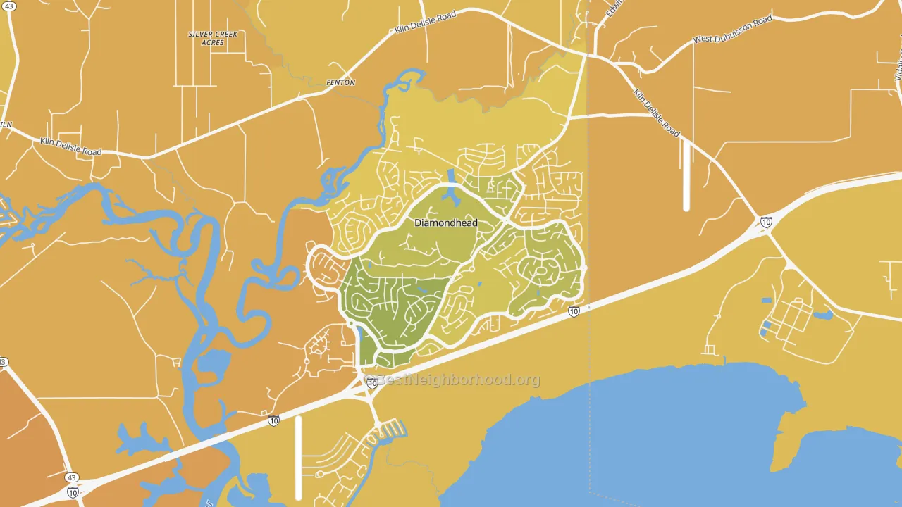 Map of the best neighborhoods in the 39525 area, with better matches in green and worse matches in red