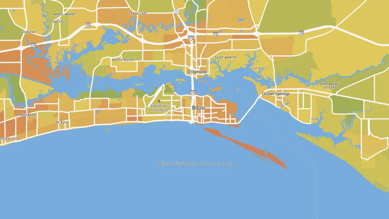 Map of the best neighborhoods in the 39530 area, with better matches in green and worse matches in red