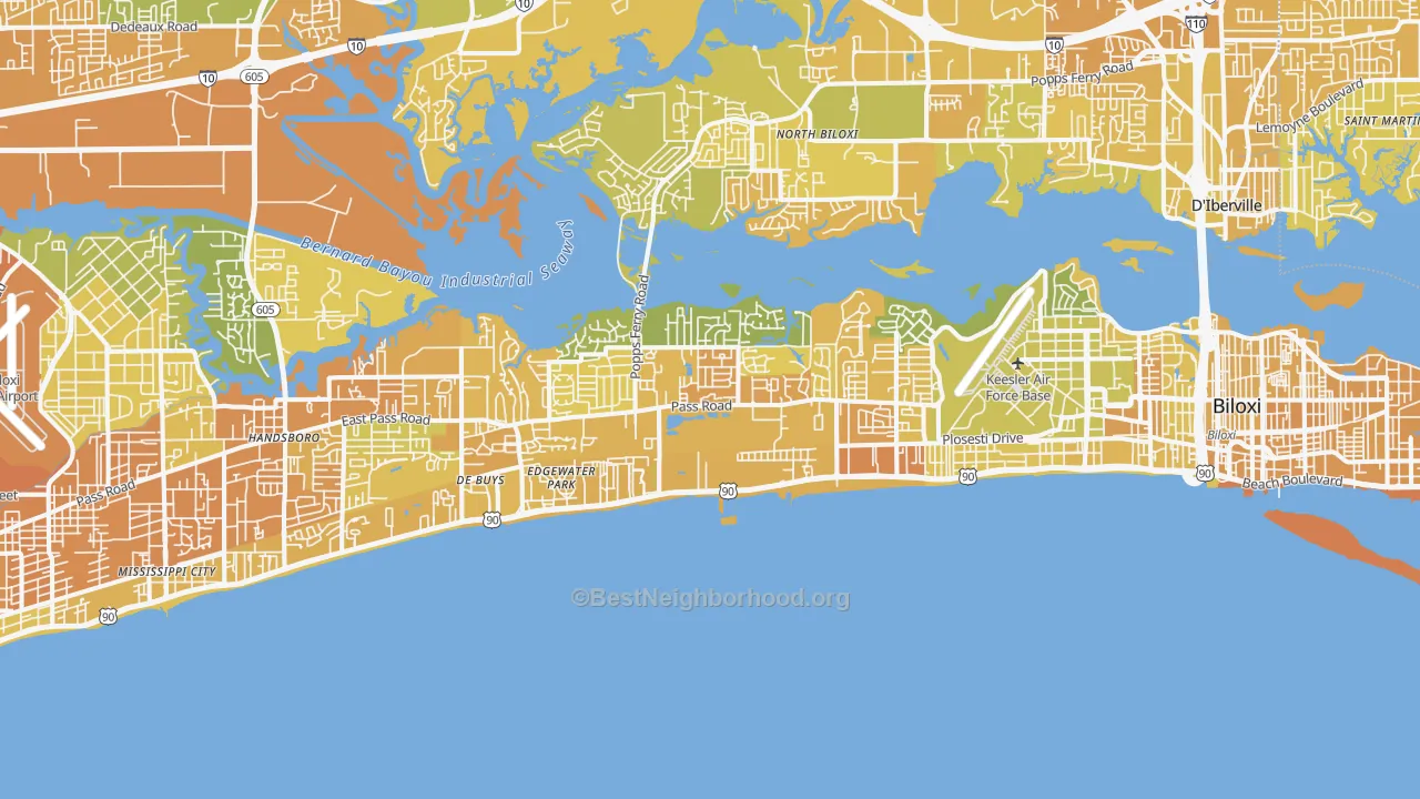 Map of the best neighborhoods in the 39531 area, with better matches in green and worse matches in red