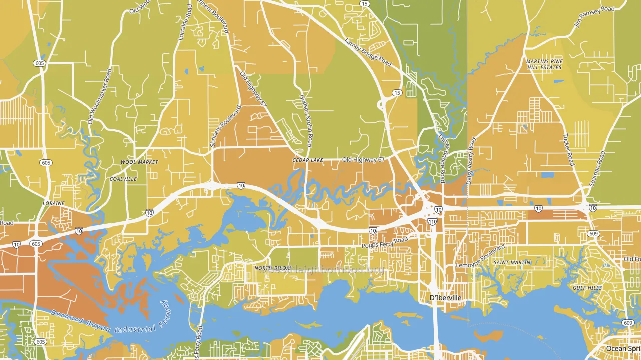 Map of the best neighborhoods in the 39532 area, with better matches in green and worse matches in red