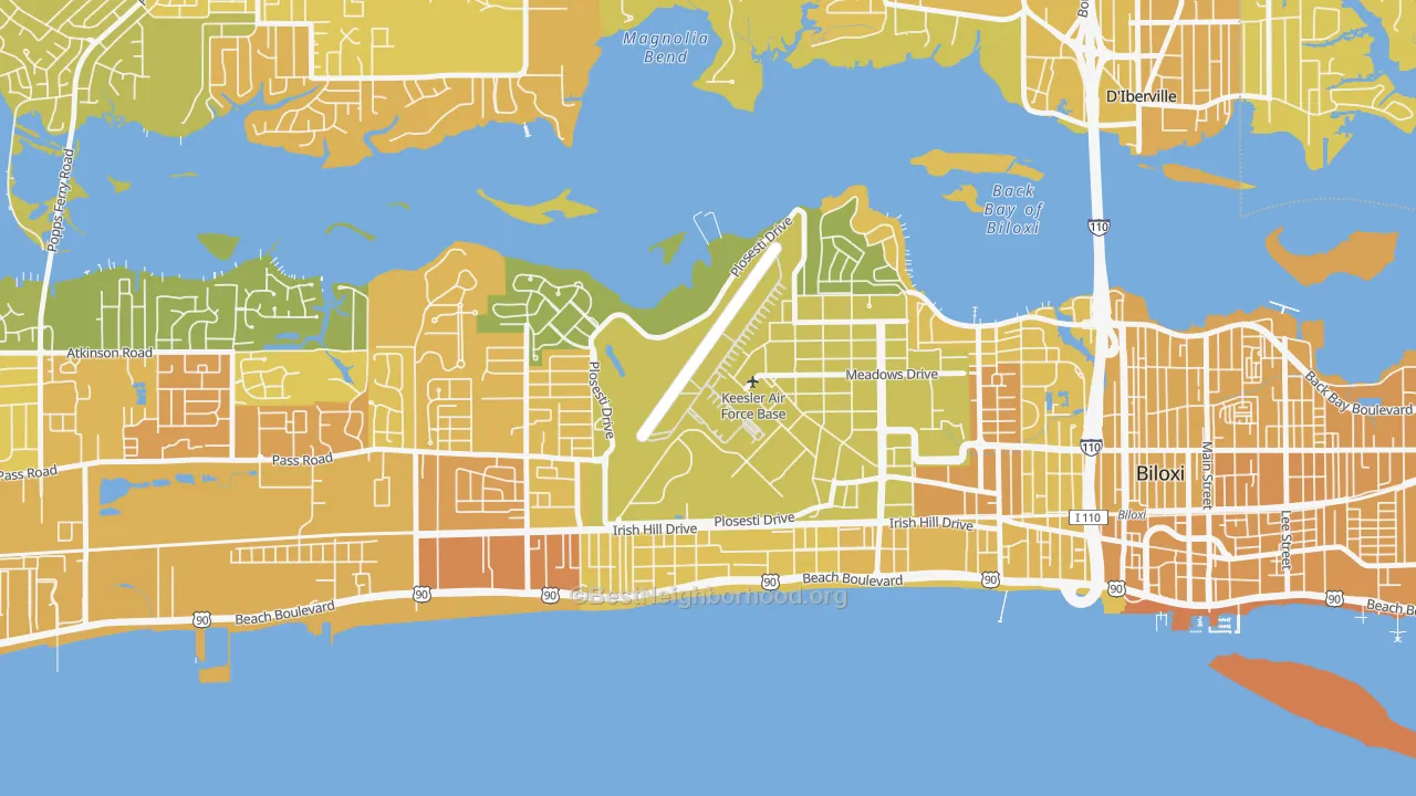 Map of the best neighborhoods in the 39534 area, with better matches in green and worse matches in red