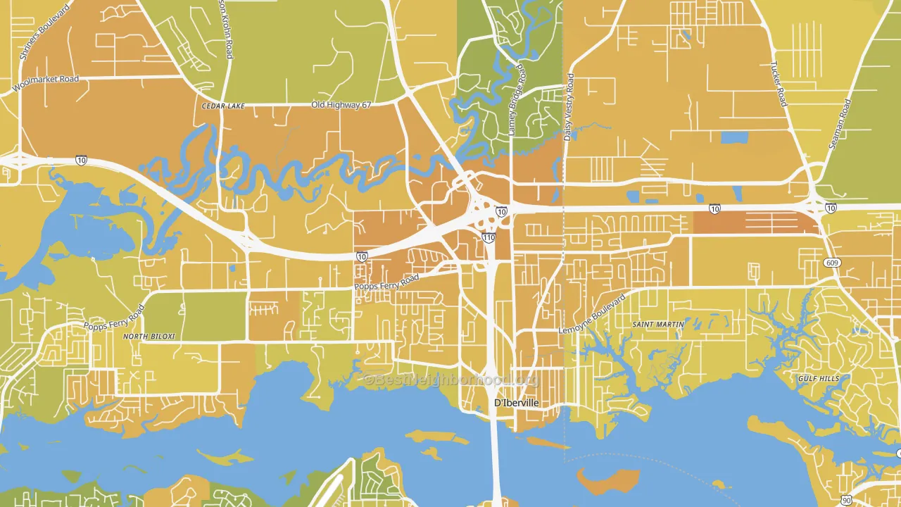 Map of the best neighborhoods in the 39540 area, with better matches in green and worse matches in red