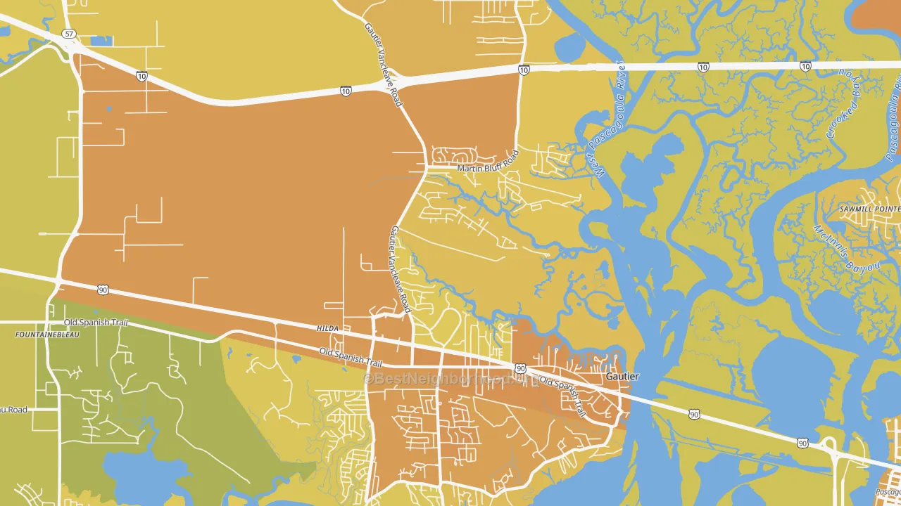 Map of the best neighborhoods in the 39553 area, with better matches in green and worse matches in red