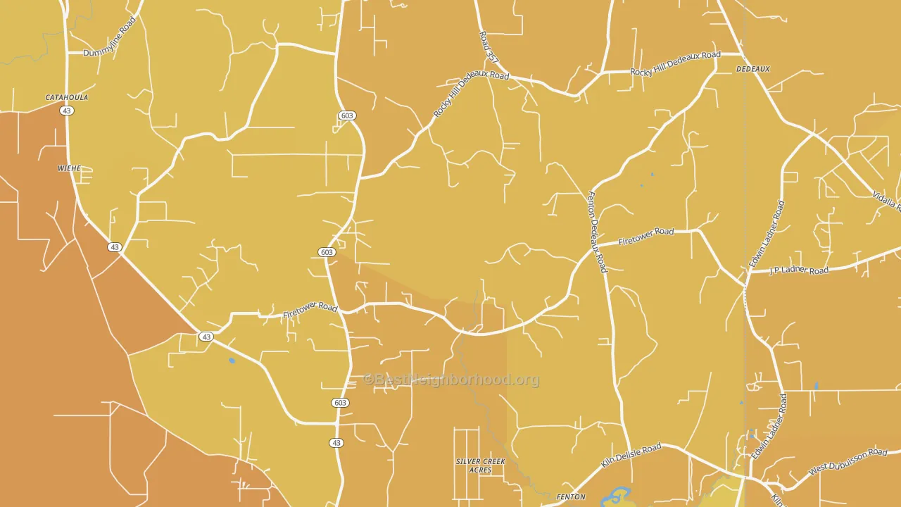 Map of the best neighborhoods in the 39556 area, with better matches in green and worse matches in red