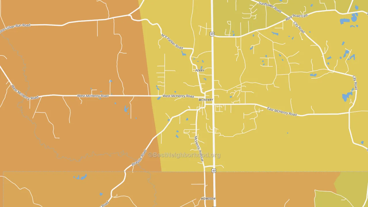 Map of the best neighborhoods in the 39561 area, with better matches in green and worse matches in red