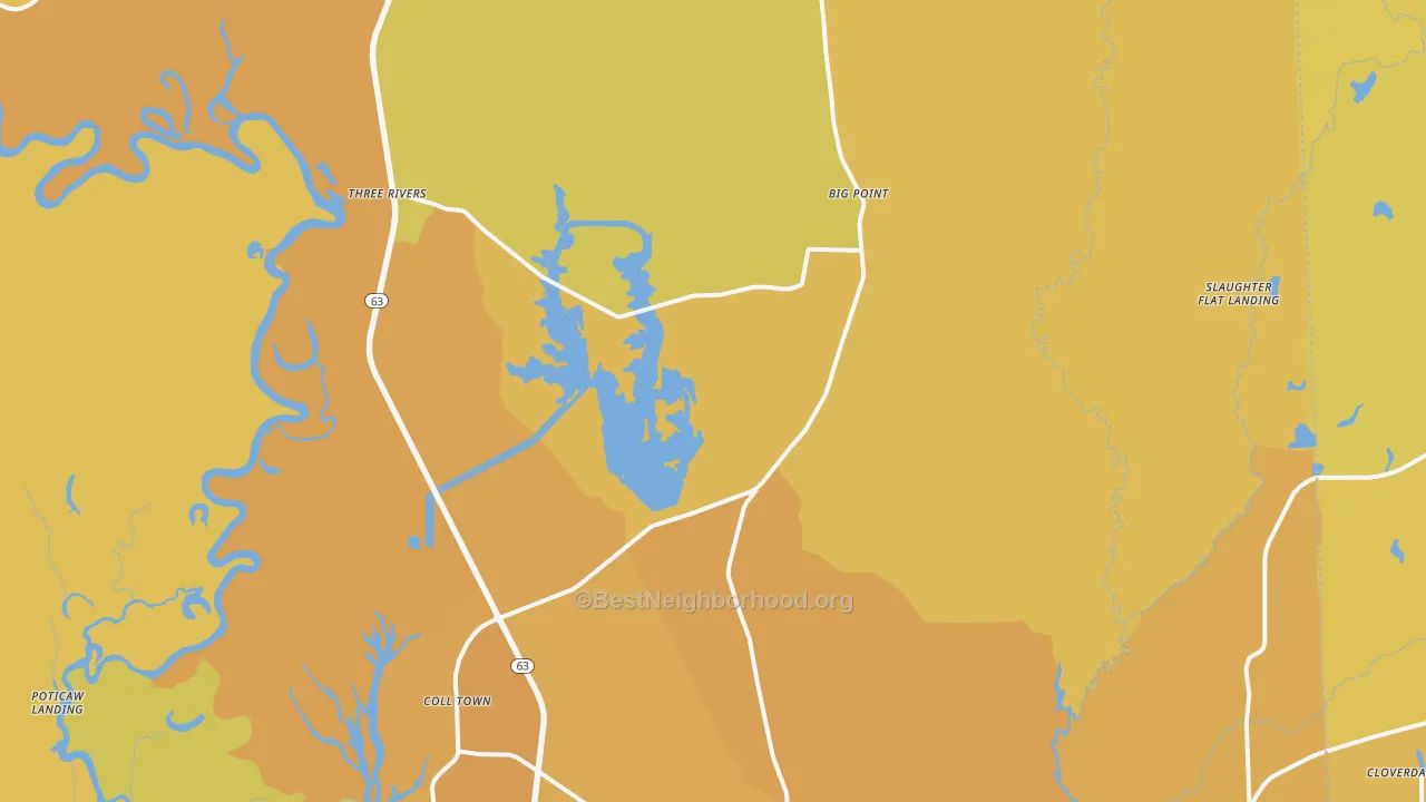 Map of the best neighborhoods in the 39562 area, with better matches in green and worse matches in red