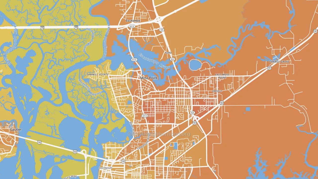 Map of the best neighborhoods in the 39563 area, with better matches in green and worse matches in red