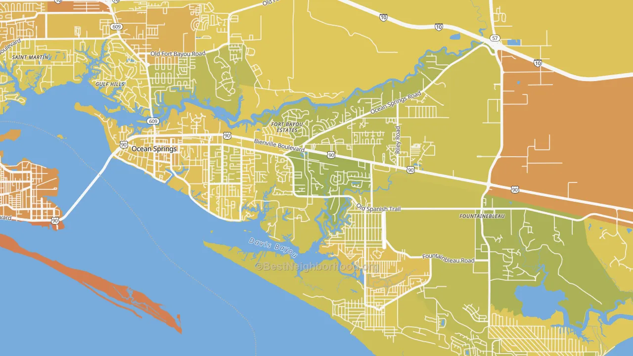 Map of the best neighborhoods in the 39564 area, with better matches in green and worse matches in red