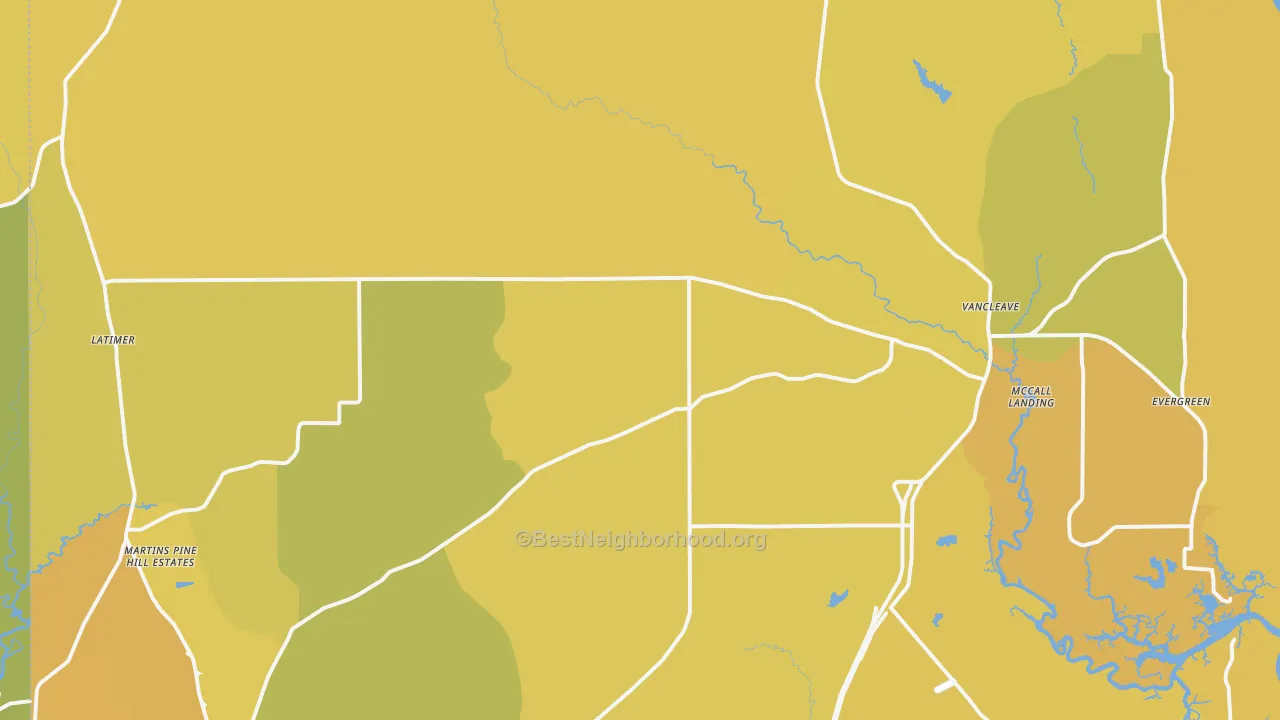 Map of the best neighborhoods in the 39565 area, with better matches in green and worse matches in red
