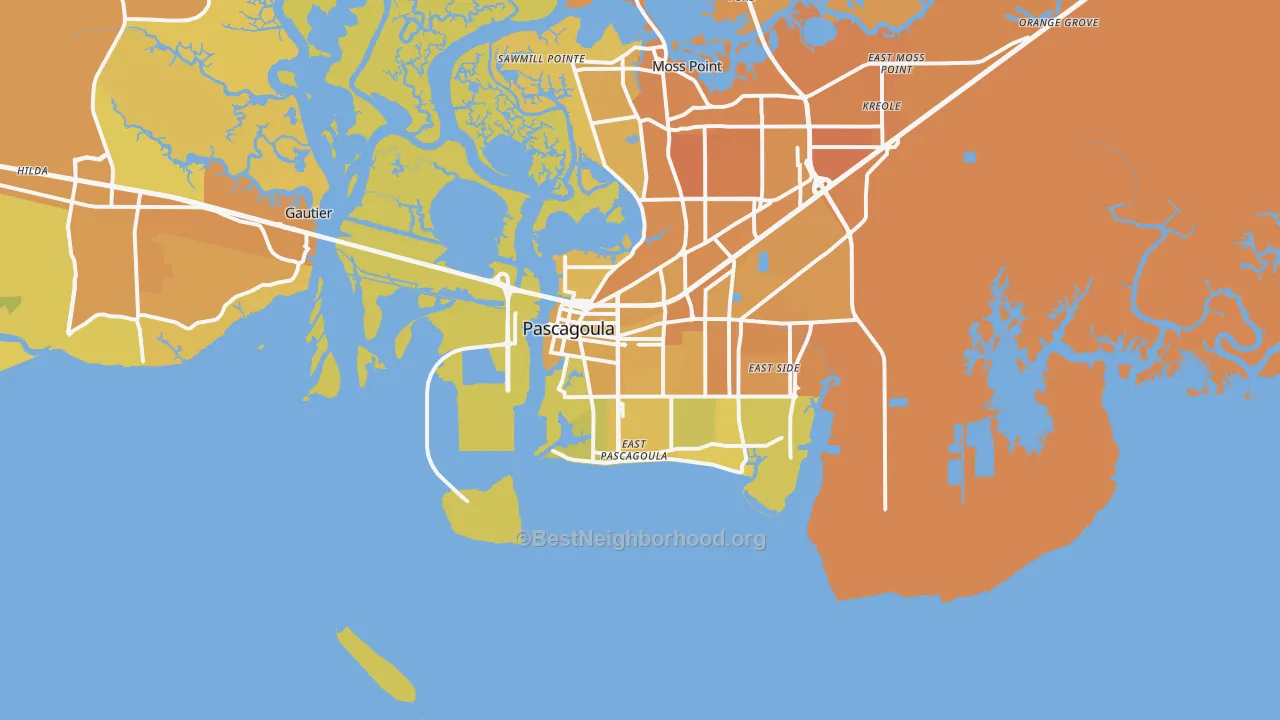 Map of the best neighborhoods in the 39567 area, with better matches in green and worse matches in red