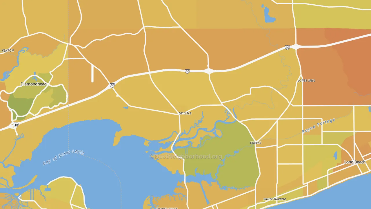 Map of the best neighborhoods in the 39571 area, with better matches in green and worse matches in red