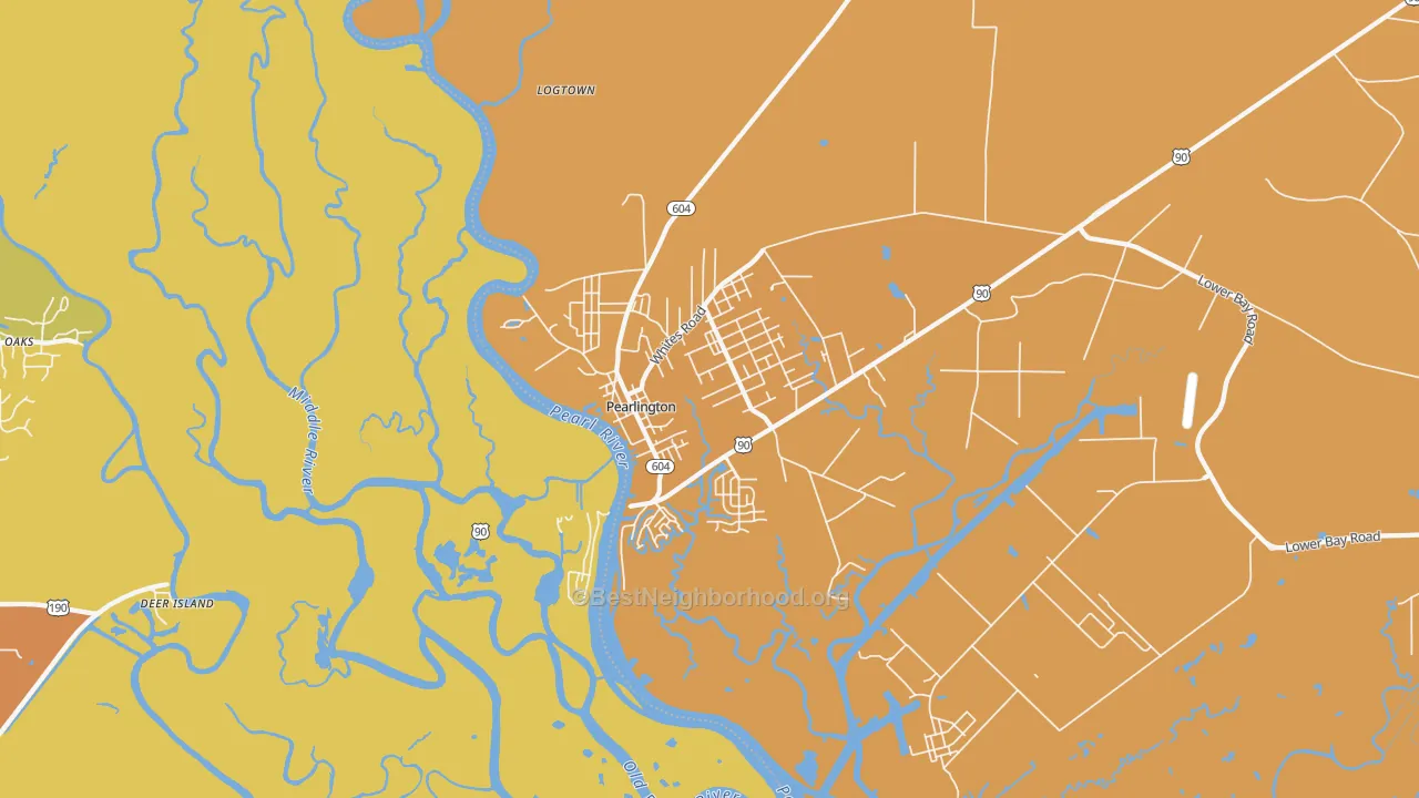 Map of the best neighborhoods in the 39572 area, with better matches in green and worse matches in red