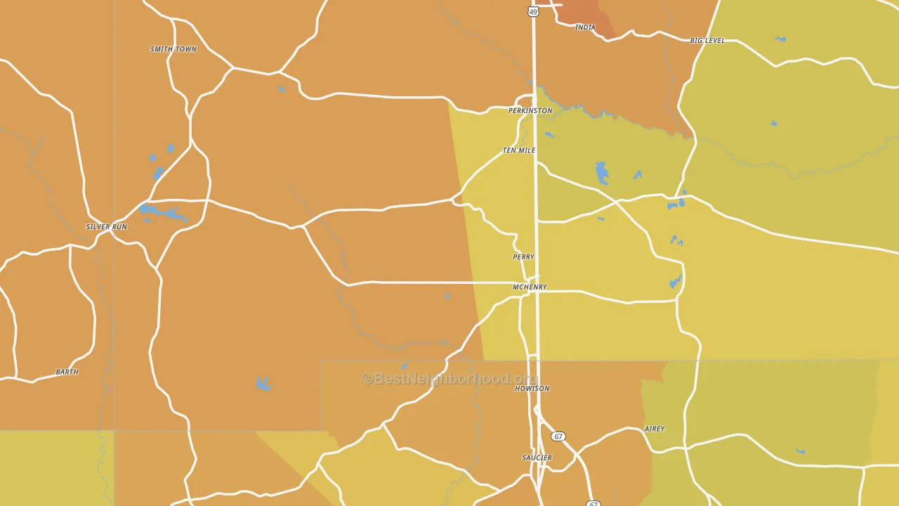 Map of the best neighborhoods in the 39573 area, with better matches in green and worse matches in red