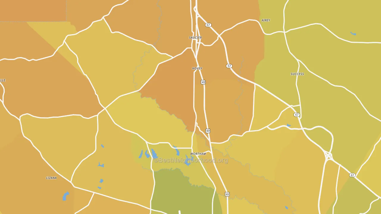 Map of the best neighborhoods in the 39574 area, with better matches in green and worse matches in red