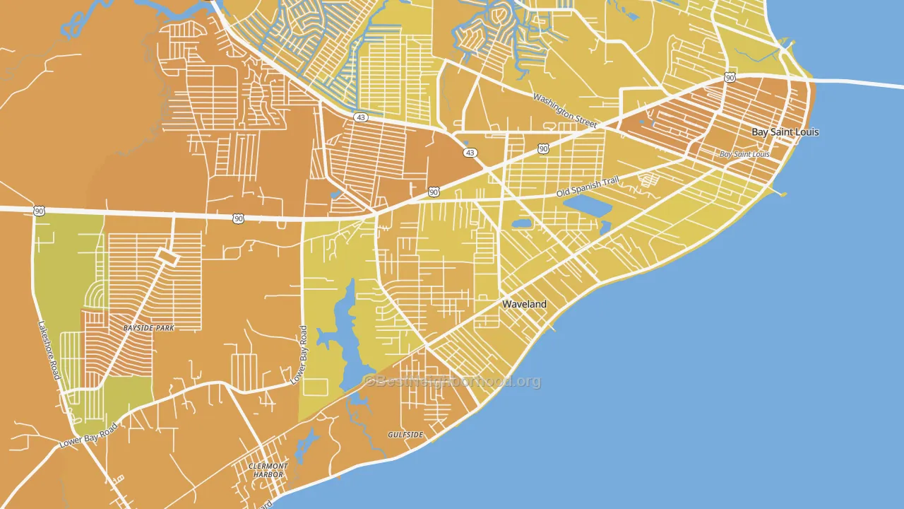 Map of the best neighborhoods in the 39576 area, with better matches in green and worse matches in red