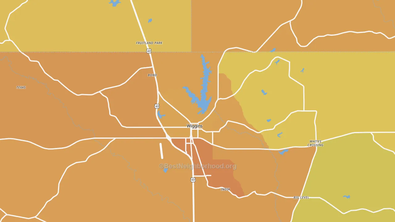 Map of the best neighborhoods in the 39577 area, with better matches in green and worse matches in red