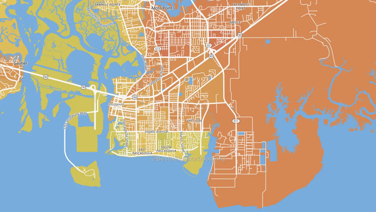 Map of the best neighborhoods in the 39581 area, with better matches in green and worse matches in red