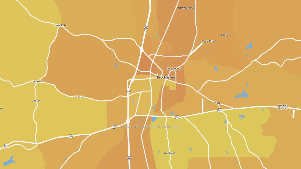 Map of the best neighborhoods in the 39601 area, with better matches in green and worse matches in red
