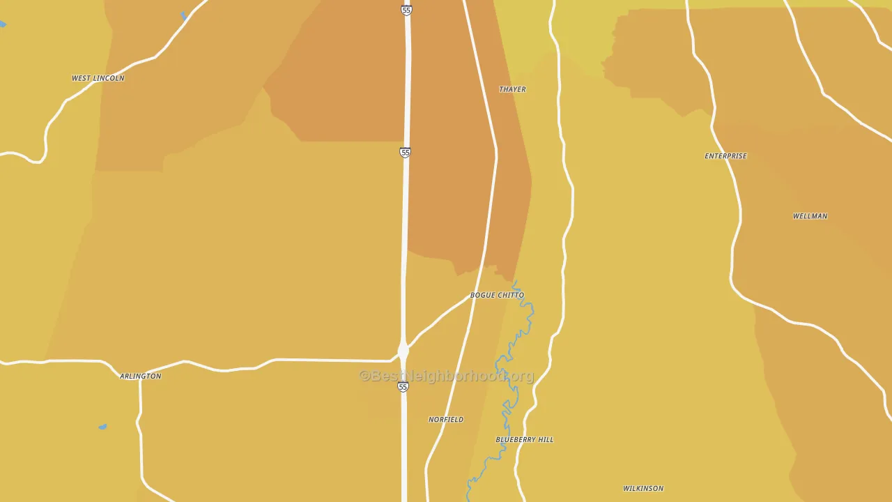 Map of the best neighborhoods in the 39629 area, with better matches in green and worse matches in red