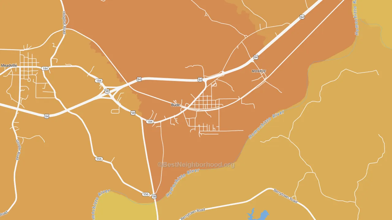 Map of the best neighborhoods in the 39630 area, with better matches in green and worse matches in red
