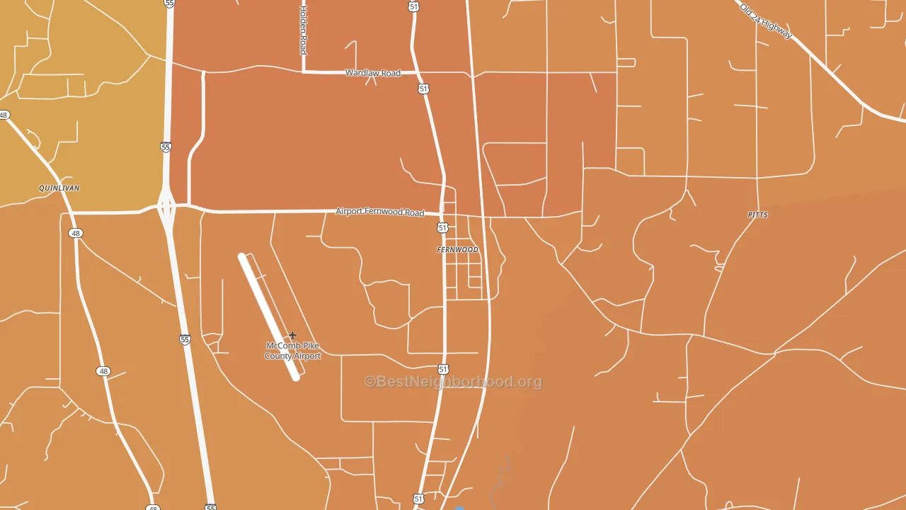 Map of the best neighborhoods in the 39635 area, with better matches in green and worse matches in red