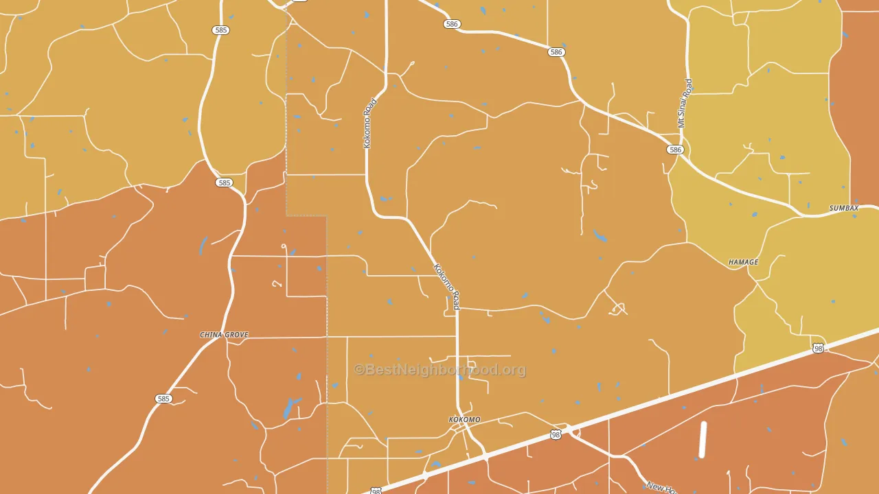 Map of the best neighborhoods in the 39643 area, with better matches in green and worse matches in red
