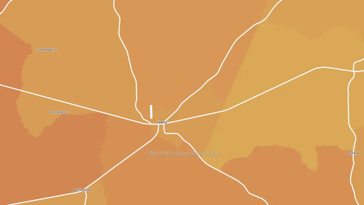 Map of the best neighborhoods in the 39645 area, with better matches in green and worse matches in red