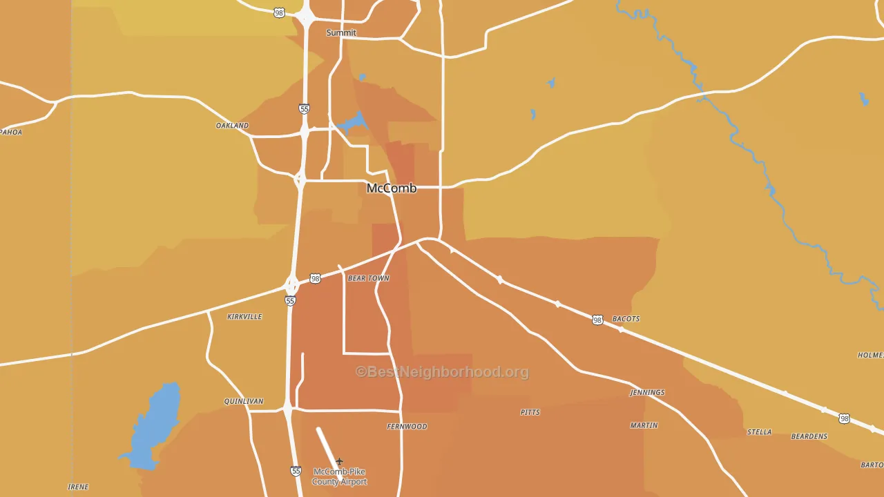 Map of the best neighborhoods in the 39648 area, with better matches in green and worse matches in red