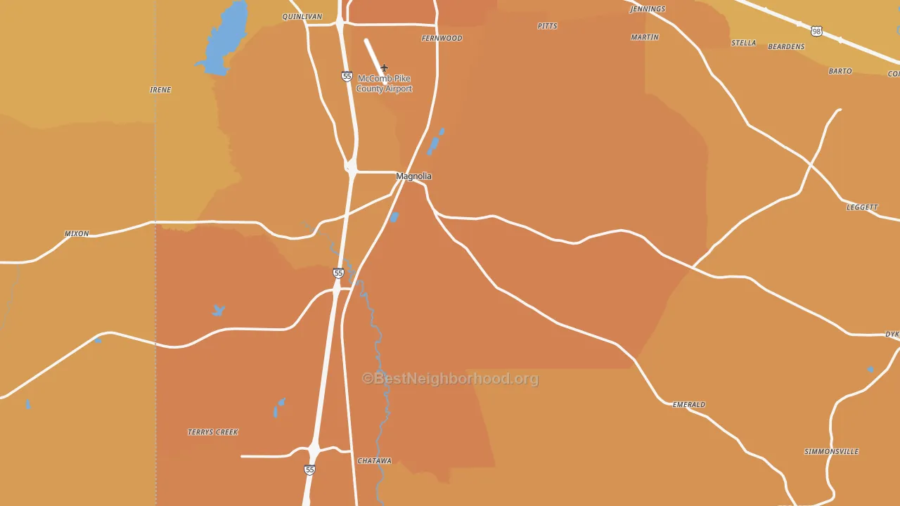 Map of the best neighborhoods in the 39652 area, with better matches in green and worse matches in red